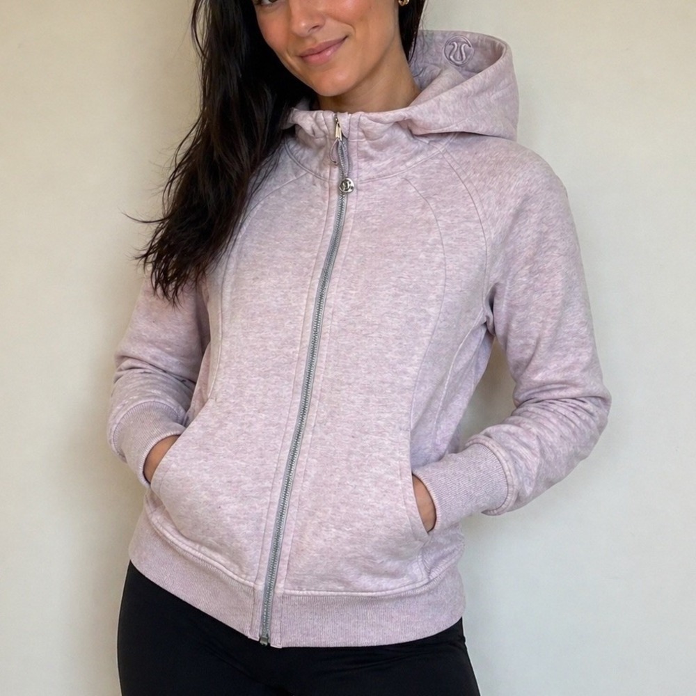 Lululemon Scuba Hoodie Womens Large 10 Heathered Pink Full-Zip Yoga Heavy Cotton